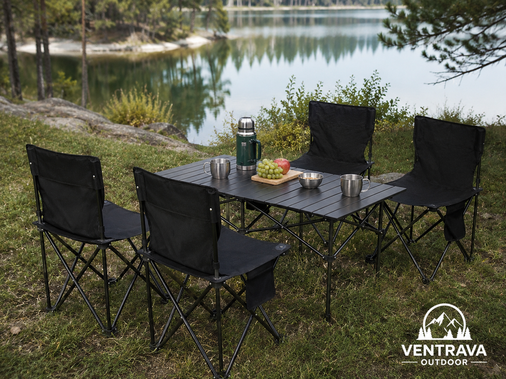 Vier schwarze Ventrava Campingstühle um einen klappbaren Campingtisch am Seeufer, mit Thermoskanne und Snacks