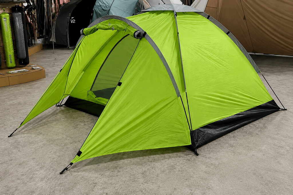 Grünes Kuppelzelt für 3 Personen mit Vorzelt – Seitenansicht aufgebaut | Ventrava Outdoor