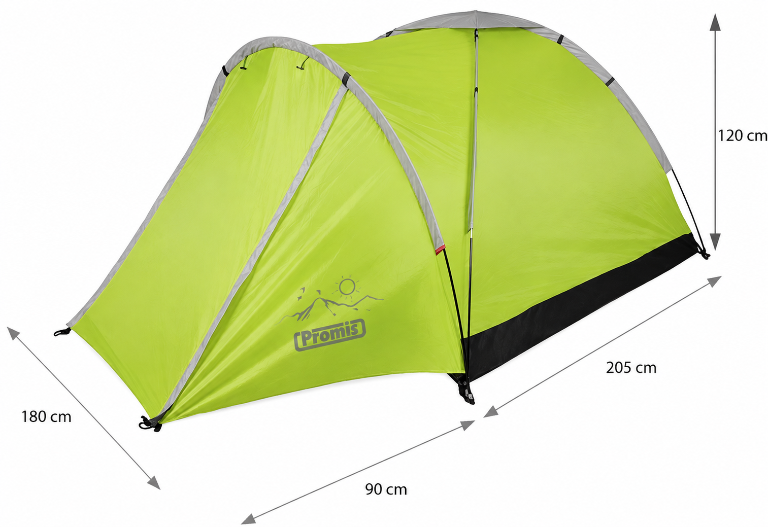 3-Personen Campingzelt Maße – 205 × 180 cm Grundfläche, 120 cm Höhe, 90 cm Vorzelt | Ventrava Outdoor