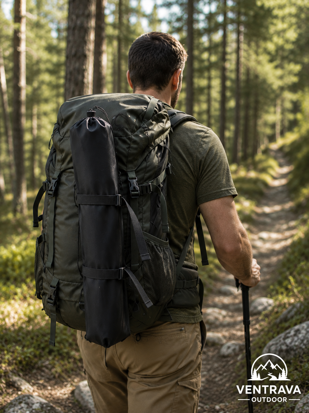 Mann von hinten mit großem Trekkingrucksack und eingeklemmtem Campingstuhl auf einem Waldweg – Ventrava Outdoor