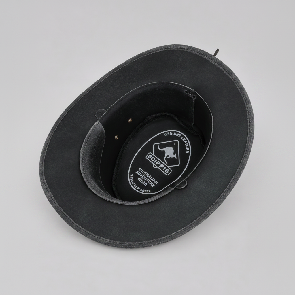 SCIPPIS IRVING Lederhut Schwarz – Innenansicht mit Genuine Leather Label und verstellbarem Kinnband