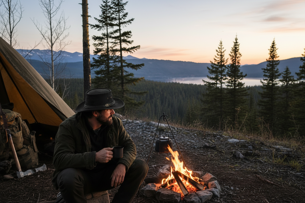 Mann trägt SCIPPIS IRVING Lederhut Schwarz am Lagerfeuer beim Camping – Outdoor-Wanderhut aus Echtleder im Einsatz